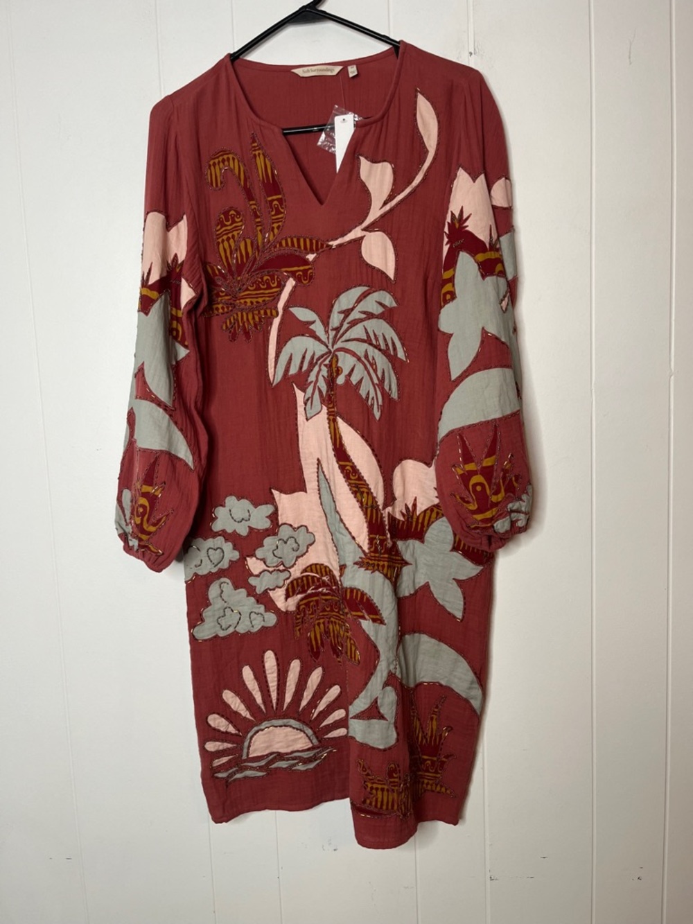 Soft Surroundings NWT Rust Red Palm-Print Long Sleeve Beaded V-Neck Dress XS